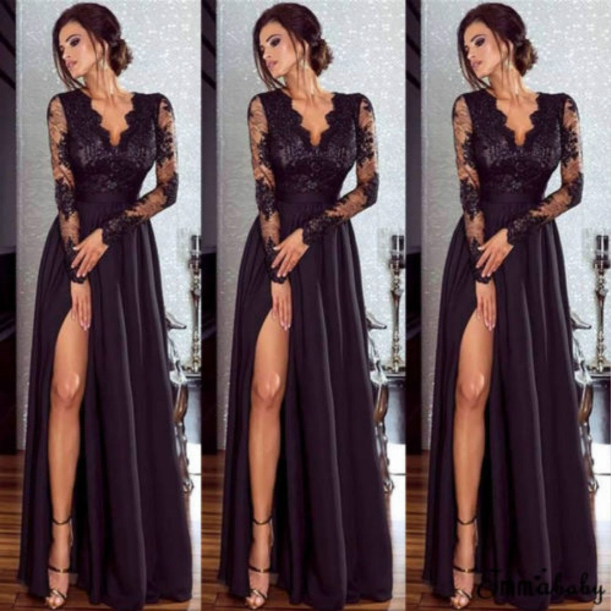 Women Evening Dress Lace Dresses Formal Long  Ball Prom Gown Evening Party Hollow Out Deep V-Neck Long Sleeve New Fashion