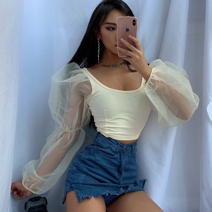 -Fall Outfits  Mesh Spliced Puff Sleeve Womens Tops And Blouses White Black Sexy Vintage Shirt Women Crop Top Spring