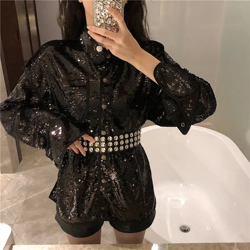 vmtvr Casual Fresh Appliques Stylish Sequins Elegant Female Single Breasted Sweet Summer All-Match Simple Plus Shirt