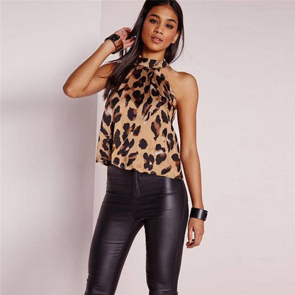 Sexy Off Shoulder Leopard Blouse Chiffon Women Tops Summer  Animal Print Casual Backless Sleeveless Shirts