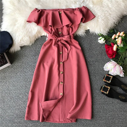 Summer New Women Casual Beach Dress Vintage Elegant A-Line Midi Dress Single-breasted With Belt Party Dress Vestidos R660