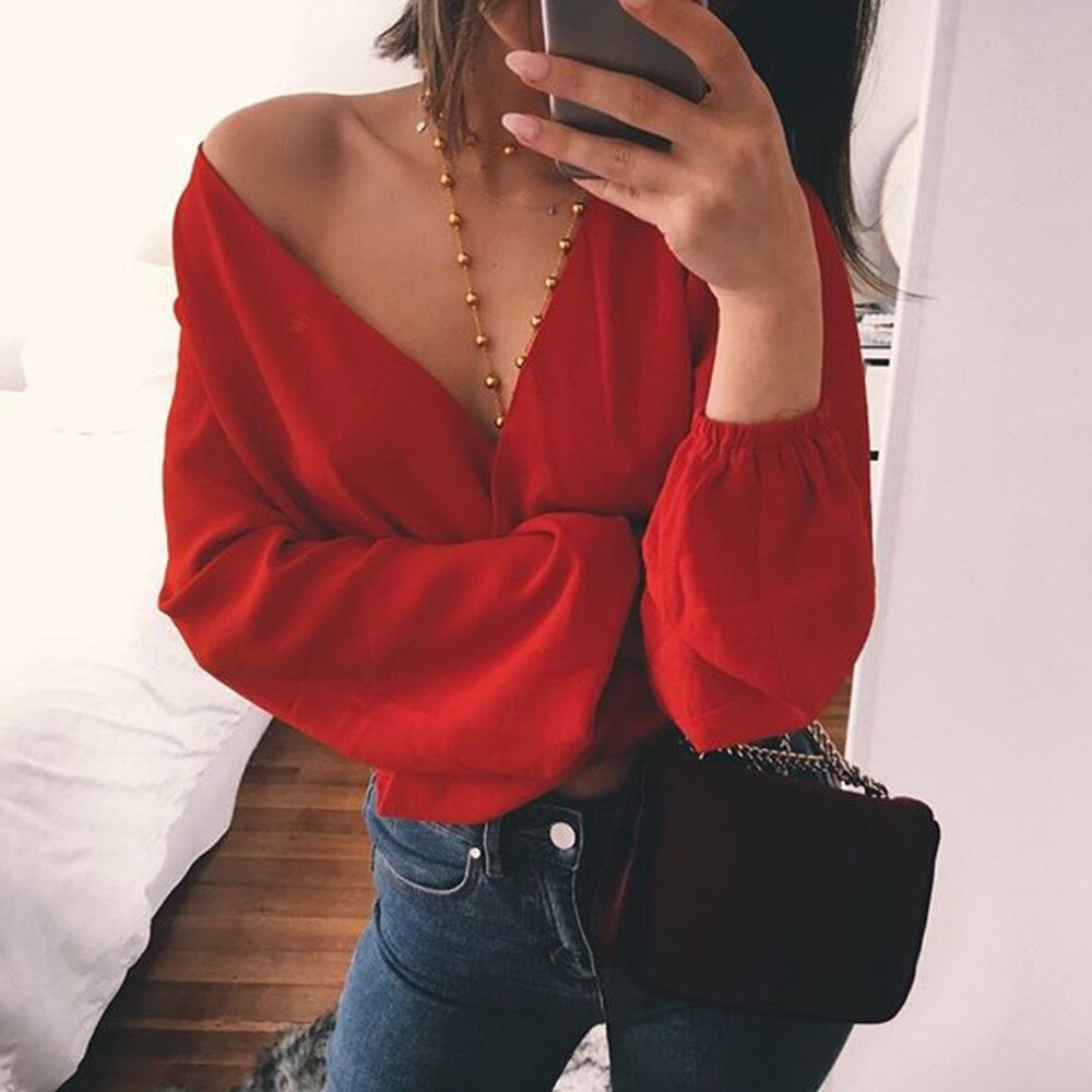 -Fall Outfits  Sexy V Neck Wrap Sheath Exposed Navel Short Top Bow Tie Autumn Shirts Chiffon Women Blouses  Backless Red White Crop Tops