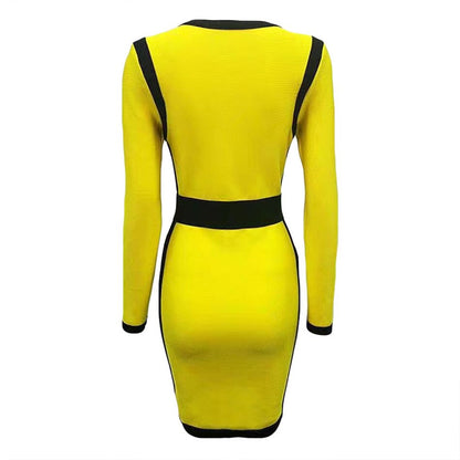 vmtvr - Front Zippers Sexy V Neck Women Bandage Dress Patchwork Bodycon Mini Dresses Celebrity Party Club Sexy Full Sleeve Vestidos