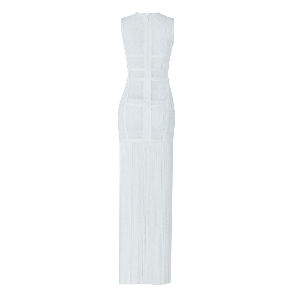 vmtvr High Quality White Sleeveless Tassel Hollow Out Bodycon Rayon Bandage Dress Evening Party Sexy Dress