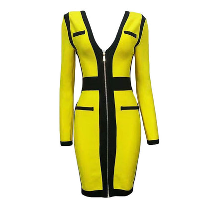 vmtvr - Front Zippers Sexy V Neck Women Bandage Dress Patchwork Bodycon Mini Dresses Celebrity Party Club Sexy Full Sleeve Vestidos