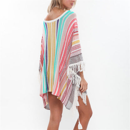 Casual V-Neck Batwing Sleeve Tassel Summer Women Tops Blouses Sexy Lace Up Side Split Women Beachwear Crochet Tunic Q828