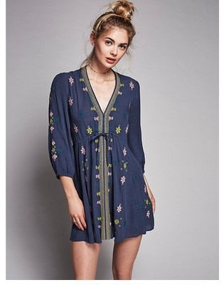 vmtvr - 2023 New Sleeve with Belt Slim Mini Dresses Embroidery Pleated Short Dress V-neck Free Boho Style Dress Hippie People Vestidos