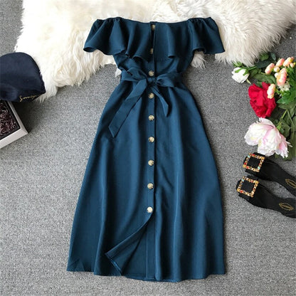 Summer New Women Casual Beach Dress Vintage Elegant A-Line Midi Dress Single-breasted With Belt Party Dress Vestidos R660