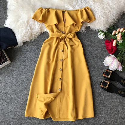 Summer New Women Casual Beach Dress Vintage Elegant A-Line Midi Dress Single-breasted With Belt Party Dress Vestidos R660