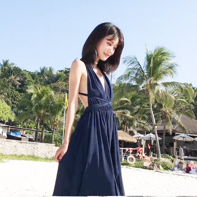 Women Summer New Maxi Boho Beach Dress Ladies Sexy Deep V Neck Backless High Slit Long Vacation Dresses Navy Blue S-XL