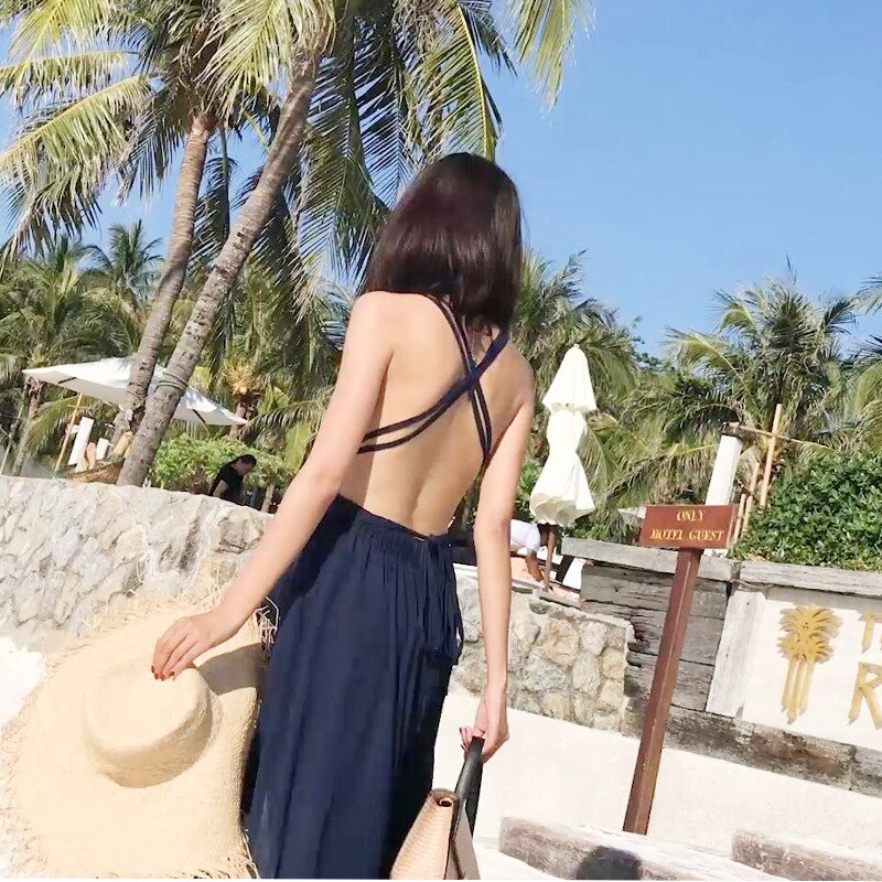 Women Summer New Maxi Boho Beach Dress Ladies Sexy Deep V Neck Backless High Slit Long Vacation Dresses Navy Blue S-XL