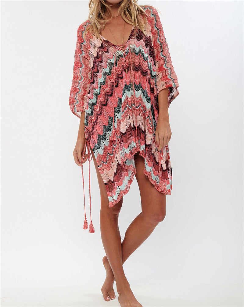 Casual V-Neck Batwing Sleeve Tassel Summer Women Tops Blouses Sexy Lace Up Side Split Women Beachwear Crochet Tunic Q828