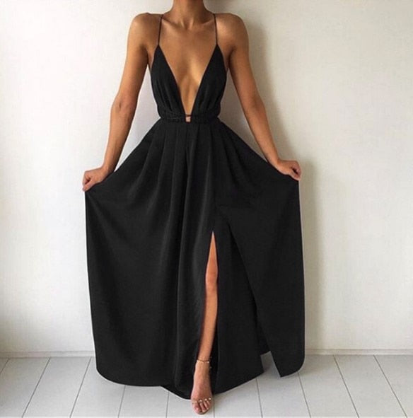 Summer Maxi Dress Women Solid Color Sexy Deep V-Neck Sleeveless Spaghetti Strap Backless High Split Long Sundress Vestidos