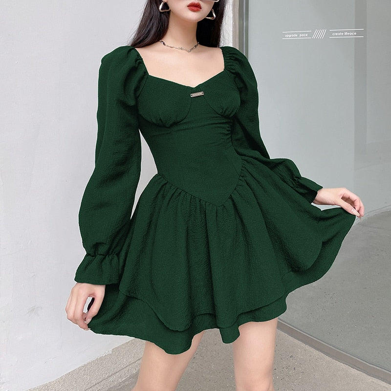 vmtvr - Fashion Elegant Puff Sleeve Black Dress Women Corset Autumn Pleated Sexy Party Dress Mini Double Layer Ruched Clothes