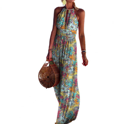 Summer Boho Floral Print Long Party Dress Women Elegant Halter Sleeveless Maxi Dress Spring Backless Hollow Out Dresses