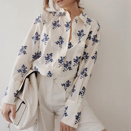 New Women Vintage Blue Floral Print Loose Blouse Office Lady Pocket Patch Casual Shirt Chic Blusas Tops