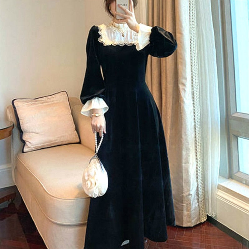 vmtvr - French Retro Black Midi Dress Women Elegant One Piece Dress Korean Autumn SLim Lace Evening Party Velvet Dress Female Cute