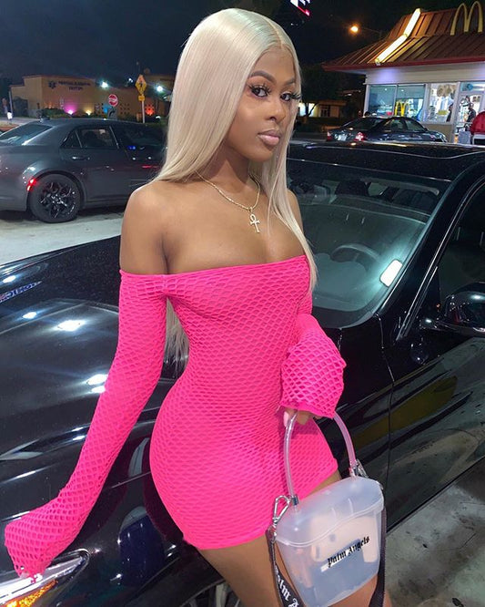 Women Off Shoulder Dress Mesh Bodycon Mini Dress Sexy Club Wear 2020 Spring New Arrival Solid Long Sleeve Strapless Dress