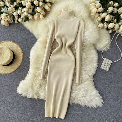 Sweater Dress Winter Turtleneck Warm Long Sleeve Knit Dress Korean Fashion Casual Solid Women Midi Bodycon Dress