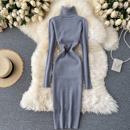 Sweater Dress Winter Turtleneck Warm Long Sleeve Knit Dress Korean Fashion Casual Solid Women Midi Bodycon Dress