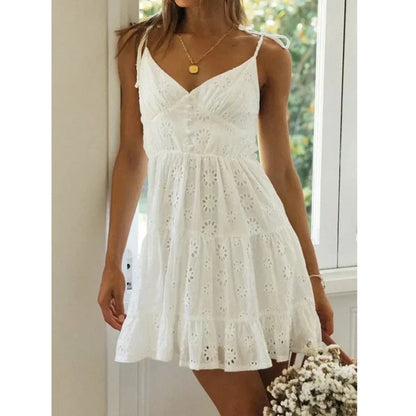 vmtvr  -  White Lace Sleeveless Summer Dress Women Hollow Out Embriodery Sundress Casual Button Beach Boho Vintage Short Dress