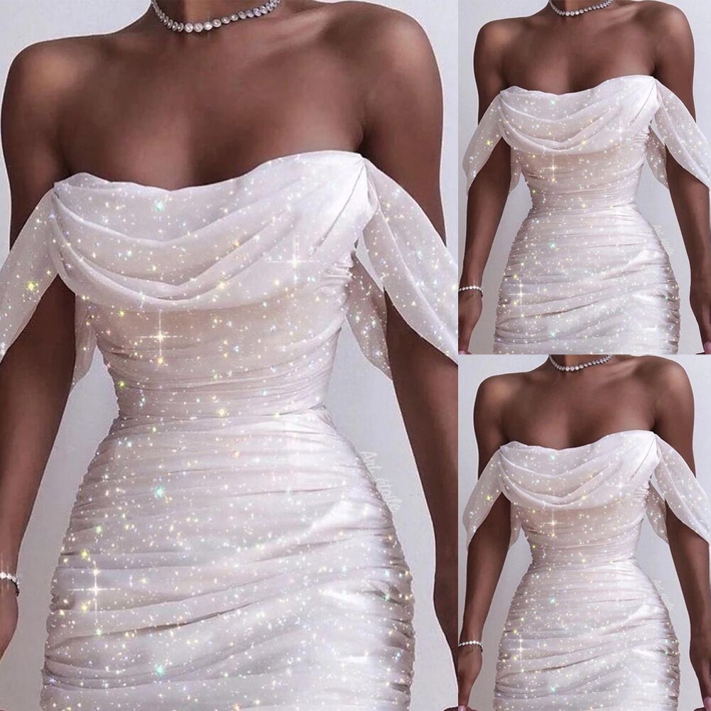 vmtvr - Shouder Women Dress Glitter Sequin Summer White Dresses Elegant Lady Draped Swing Collar Dresses Evening Party Dress