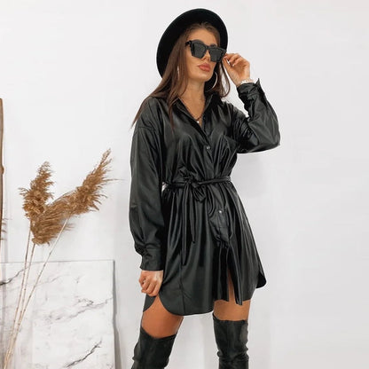 Women Vintage Front Buttons A-line PU Dress Long Sleeve Turn Down Collar Sashes Solid Casual Mini Dress  Winter New Dress