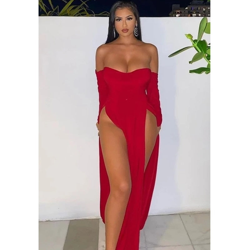 Off Shoulder Sexy Long Dress Women Elegant Evening High Split Celebrity Dresses Backless Bodycon Christmas Dress