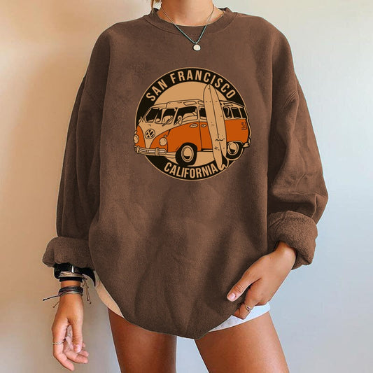 San Francisco California Print Women Sweatshirts Vintage Buses Oversized Crewneck Tops Woman Drop-shoulder Pullovers Sweatshirts