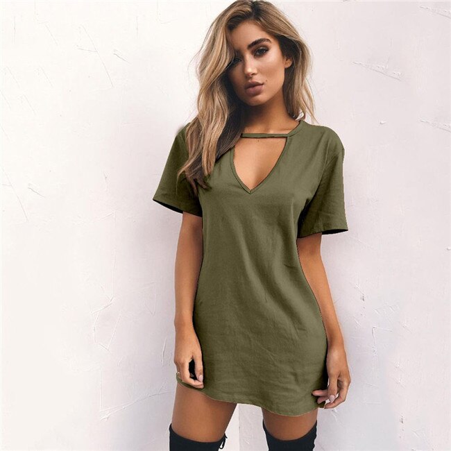 Sexy Women Deep V Neck Short sleeve Brown Mini Dress Nightwear Sleepwear Clubwear Party Loose Mini Dress