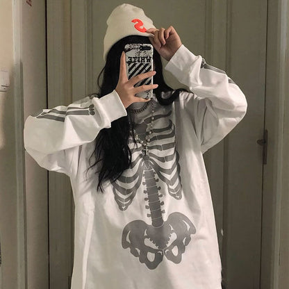 -Fall Outfits Long Sleeve Top  Halloween  New Skull Print Street Hip-Hop Couple Long-Sleeved T-Shirt Graphic T Shirts Harajuku Y2k Tops Women Shirts Clothes