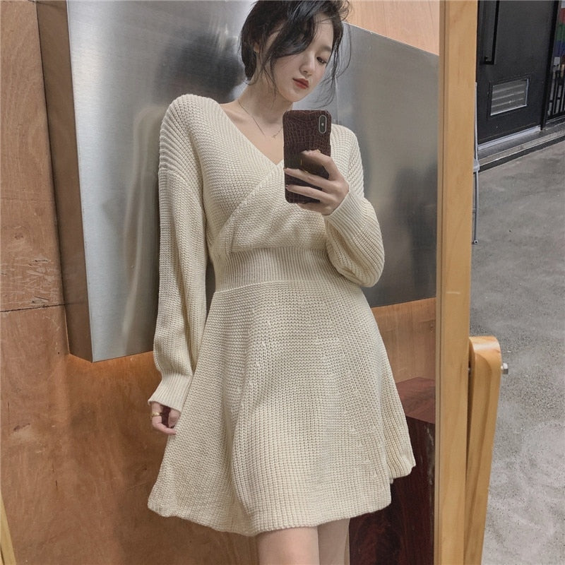 vmtvr Atumn Knitted Dress Women Long Sleeve V-Neck Sexy Pure Color Elegant Sweater Mini Dress Female Party One Piece Dress Korean