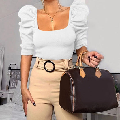 -Fall Outfits  Vintage Puff Sleeve Women Blouse Square Neck Korean Style Tops Elegant Sexy White Black Slim Crop Blouse Women