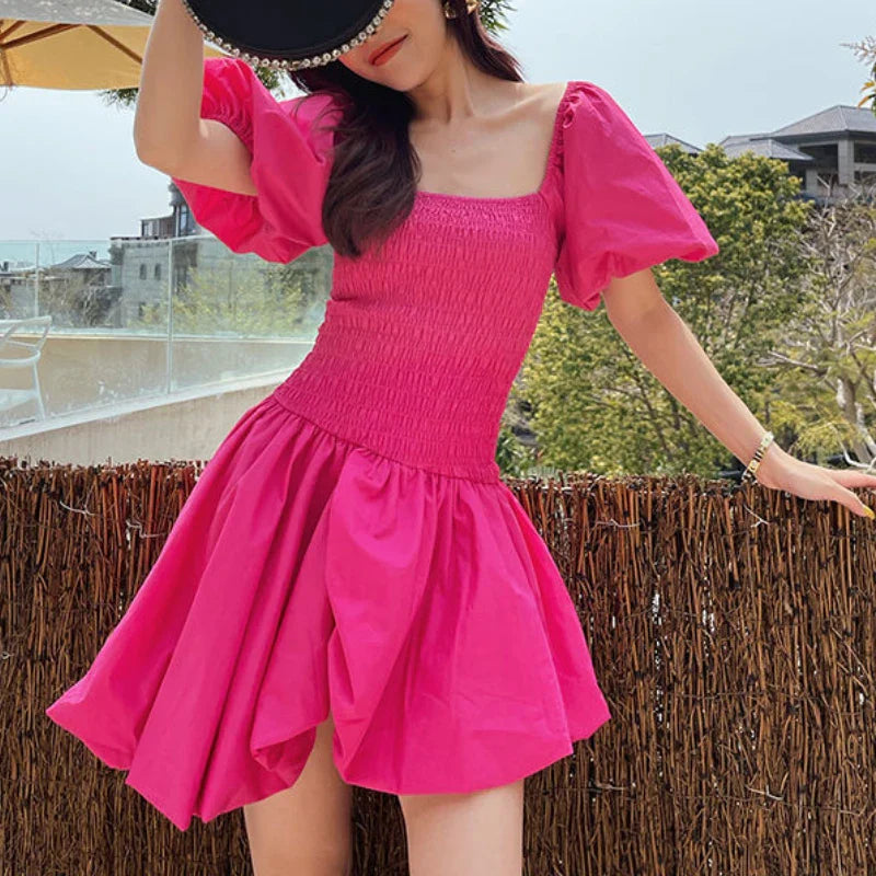 vmtvr French Vintage Fairy Dress Women Red Sweet Princess Party Mini Dress Female Summer Beach Puff Sleeve Holiday Korean Dresses