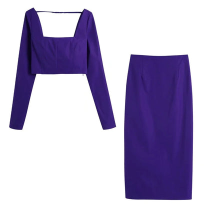 -Summer Women Vintage Two-Piece Set Purple Square Collar Short Blouse Female Casual Slim High Waist Split Midi Skirt Set