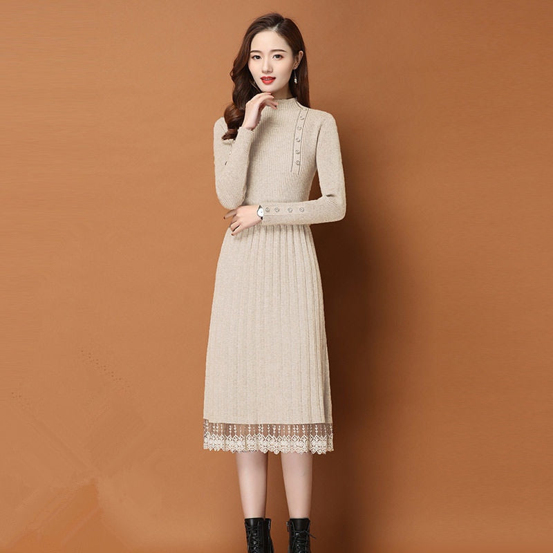 vmtvr - Lace Hem Buttons Women Autumn Winter Sweater Knitted a line Dresses Ribbed Slim Elastic Long Sleeve Lady Bodycon Midi Dresses