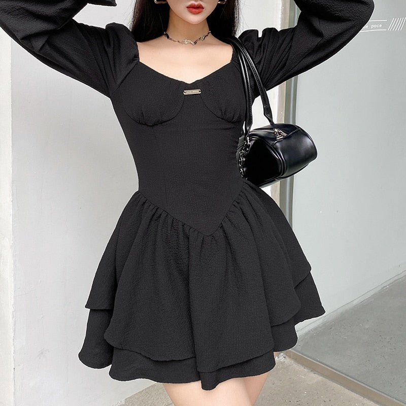 vmtvr - Fashion Elegant Puff Sleeve Black Dress Women Corset Autumn Pleated Sexy Party Dress Mini Double Layer Ruched Clothes