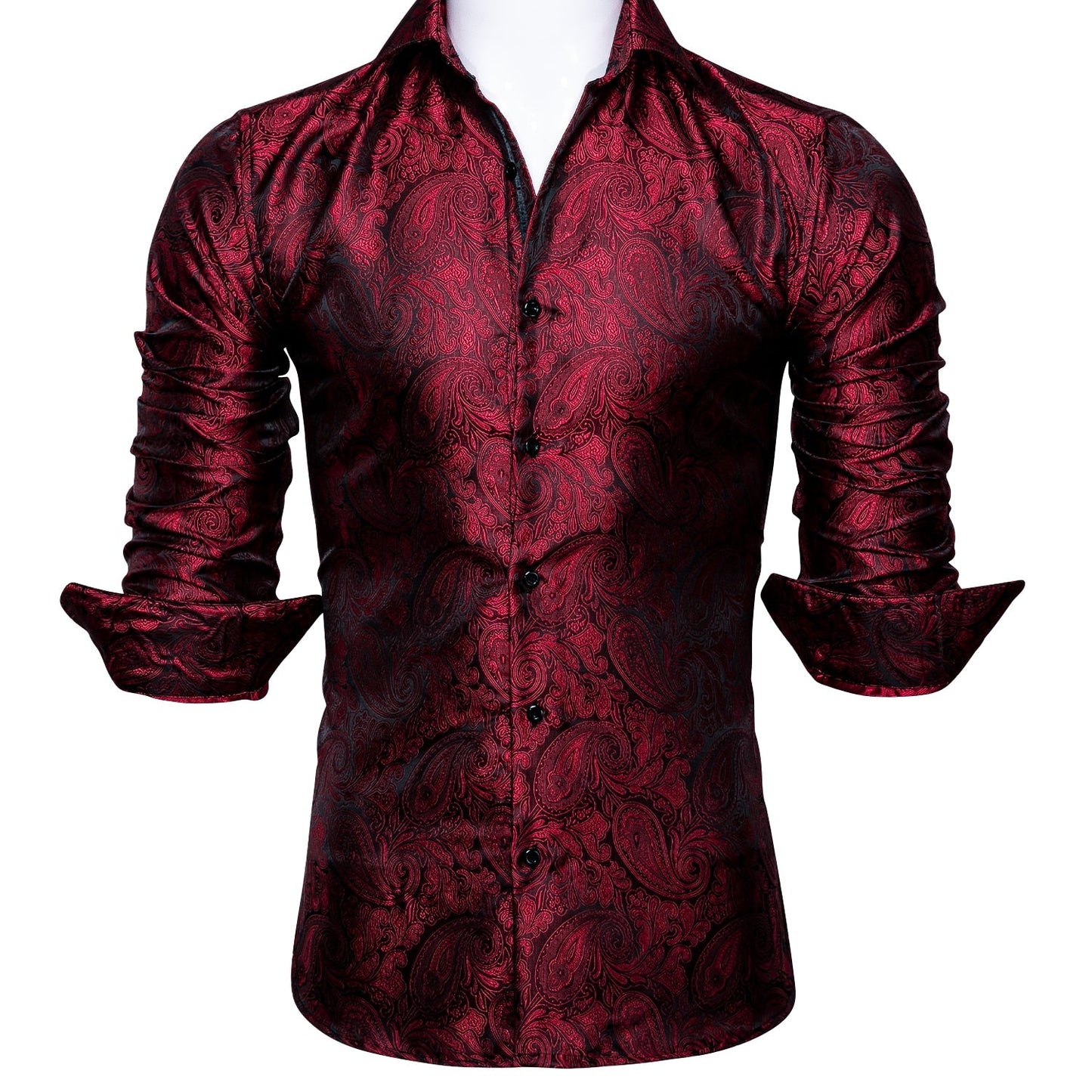 Luxury Red Paisley Silk Shirts Men Long Sleeve Casual Flower Shirts For Men Designer Fit Dress Shirt