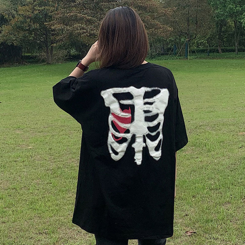 Halloween Oversized T-Shirt Female Top Y2k Harajuku Tops Retro Print Skull Bone Loose T-Shirts With Short Sleeve Anime Graphic Shirt