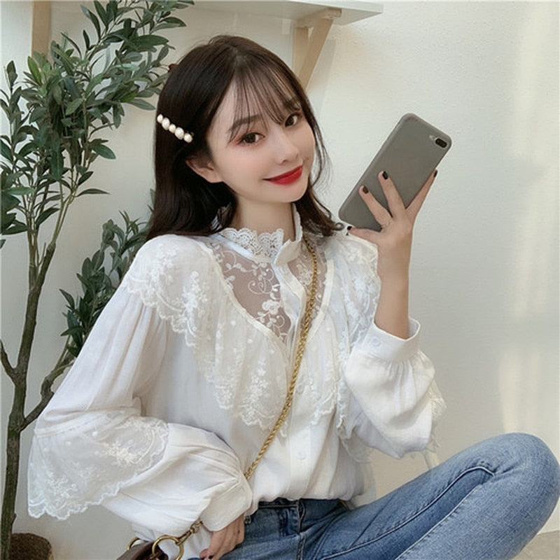 -Fall Outfits Long Sleeve Top Fashion Korean Lace Up Ruffled Blouses Women Autumn Sweet Loose Clothes Stand Collat Ladies Tops Vintage Lace Shirts Women 11335