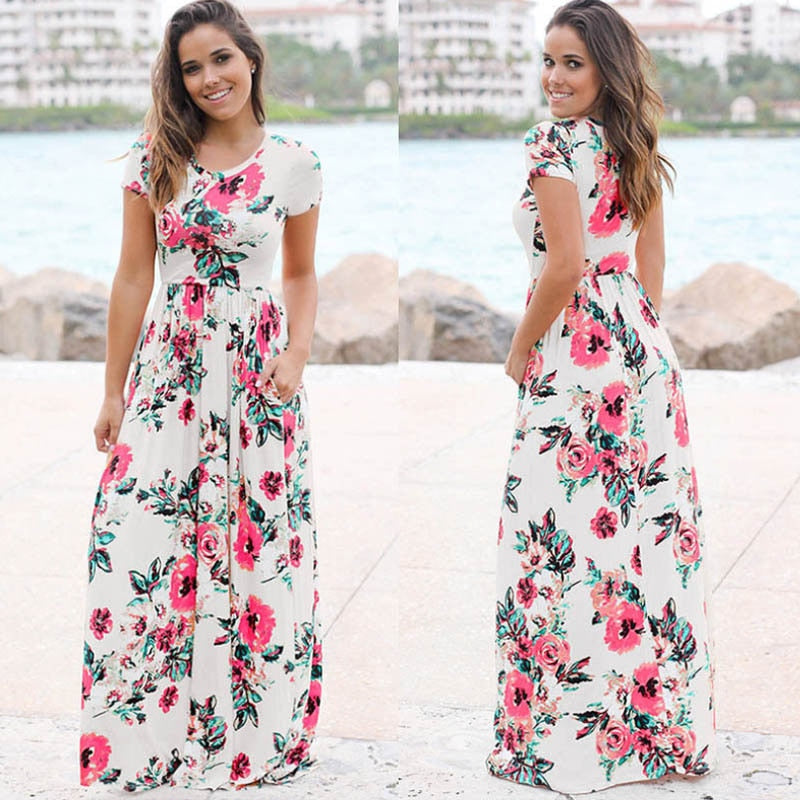 Women Summer Floral Print Maxi Dress White Boho Beach Dress Women Evening Party Long Dress Plus Size Vestidos Female