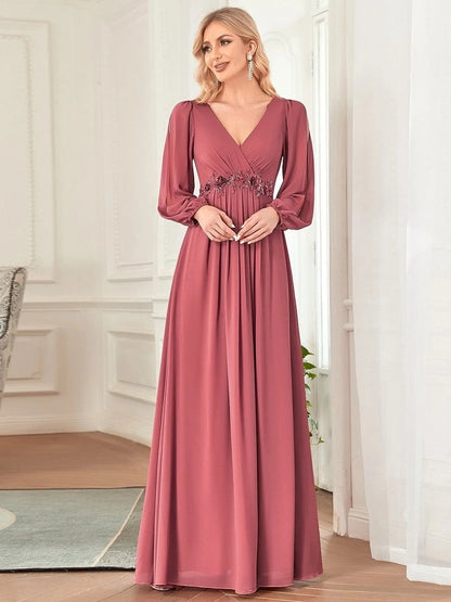 vmtvr - Elegant Evening Dresses Long Lantern Sleeves V-neck 2023 ever pretty of A-LINE Chiffon Burgundy flower beltbelt Prom Dress Women