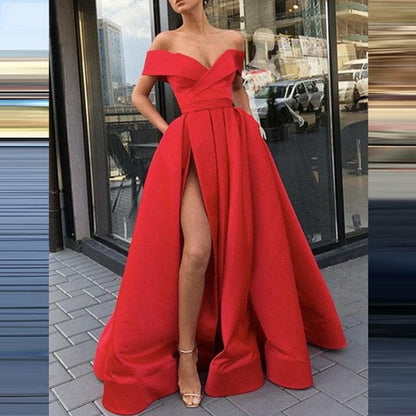 Women Sexy V Neck Long Party Dress Solid Elegant Sleeveless High Slit Dress Lady Fashion Off Shoulder Pleated Maxi Dress Vestido