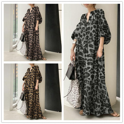 vmtvr - Fashion Printed Maxi Dress Women's Leopard Sundress  Spring Puff Sleeve Long Vestidos Female V Neck Robe Oversize