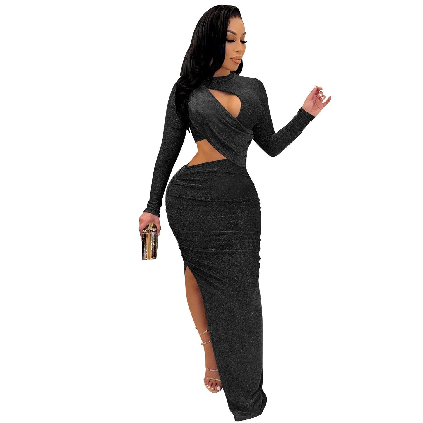 vmtvr - Elegant Glitter Solid Ruched Long Women Dress Sexy Cut Out O Neck Long Sleeve High Slit Evening Club Party Dress Robe Christmas