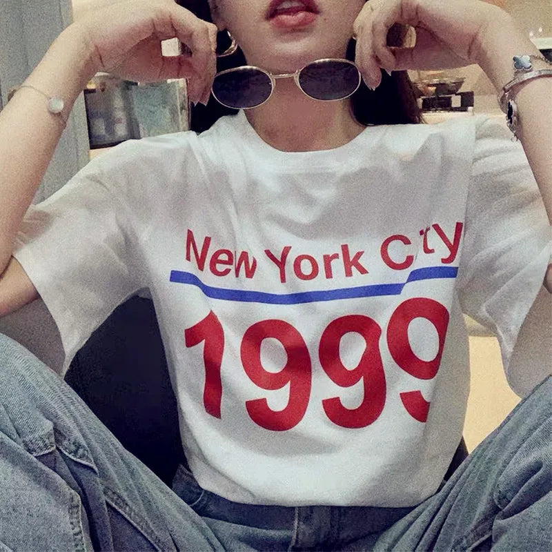 -Retro sports style outfit streetwear 90s fashion New York City 1999 Letters Printed FashionT Shirts For Women White Plus Size Short Sleeve Ins Fashion Tees Kpop Cotton Tops