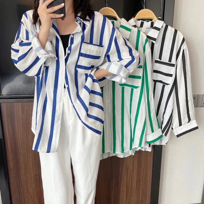 vmtvr Striped Women Shirts Summer Fashion Beach Sun Protection Long Sleeve Loose White Long Shirt Casual Korean Pocket Tops New