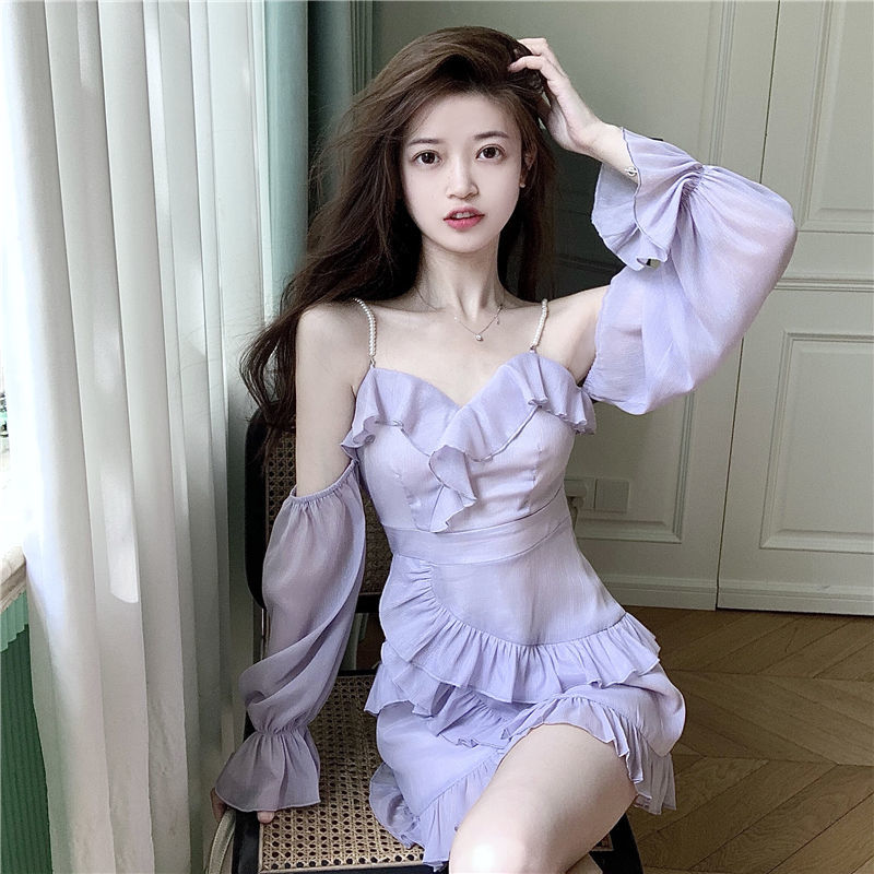 vmtvr Purple Off Shoulder Kawaii Dress Women Ruffle Patchwork Sweet Party Mini Dress Female Korean Fashion Slim Sexy Fairy Dress 2023