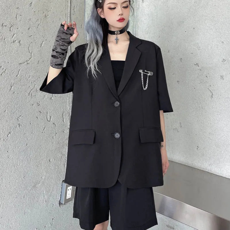 vmtvr Black Gothic Women Thin Blazers Summer Short Sleeve Fashion Button Up Long Jacket High Street Korean Female Coats  New