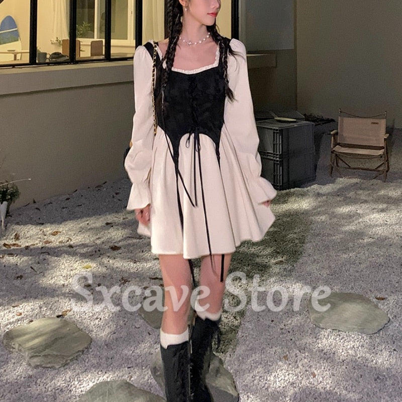 Vintage Lolita Dress Party Women Casual Long Sleeve Elegant Y2k Mini Dress Kawaii Clothing One Piece Dress Korean Spring